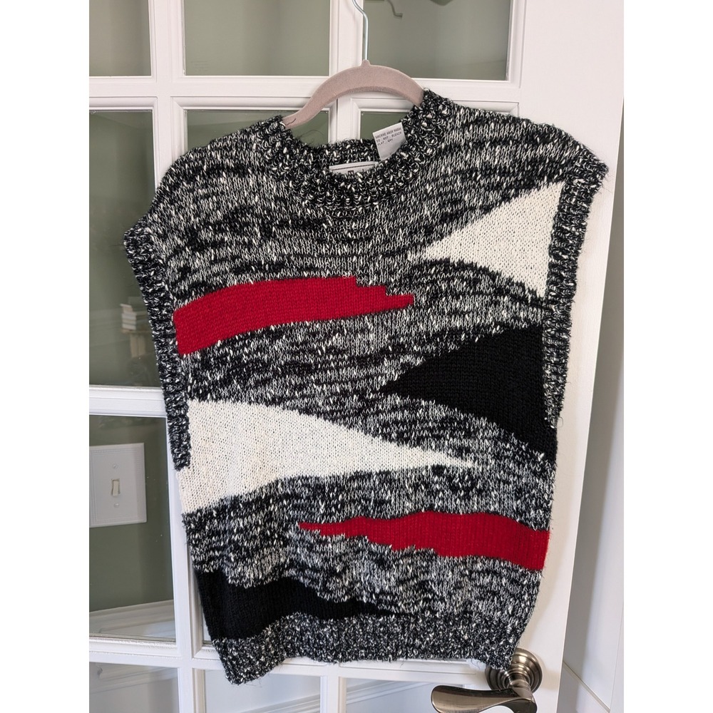 Vintage Le Moda Abstract Geometric Knit Sweater Vest Black Red White XL Edgy 80s